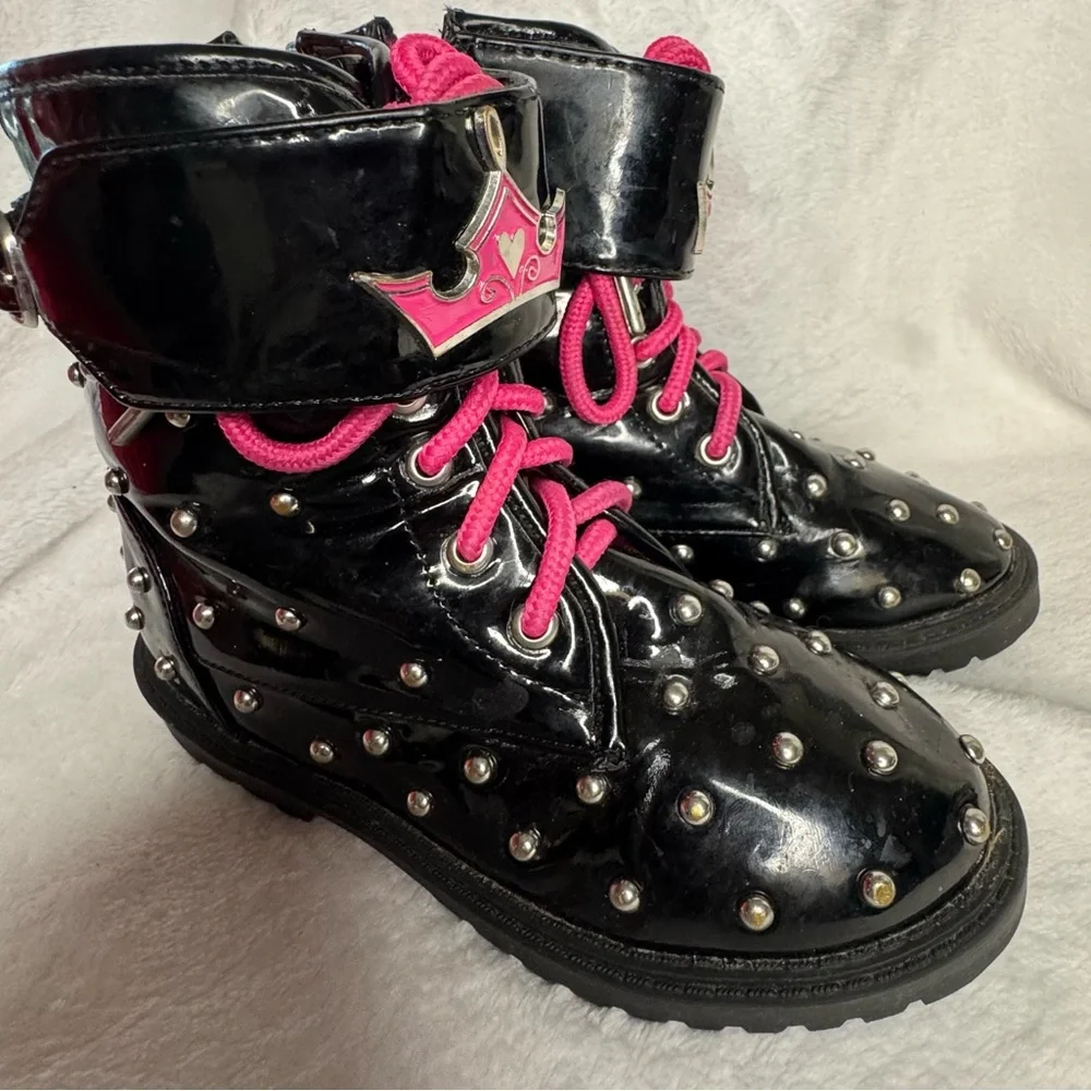 Disney Store Princess Studded Combat Boots Pink Crown Girls Size 13